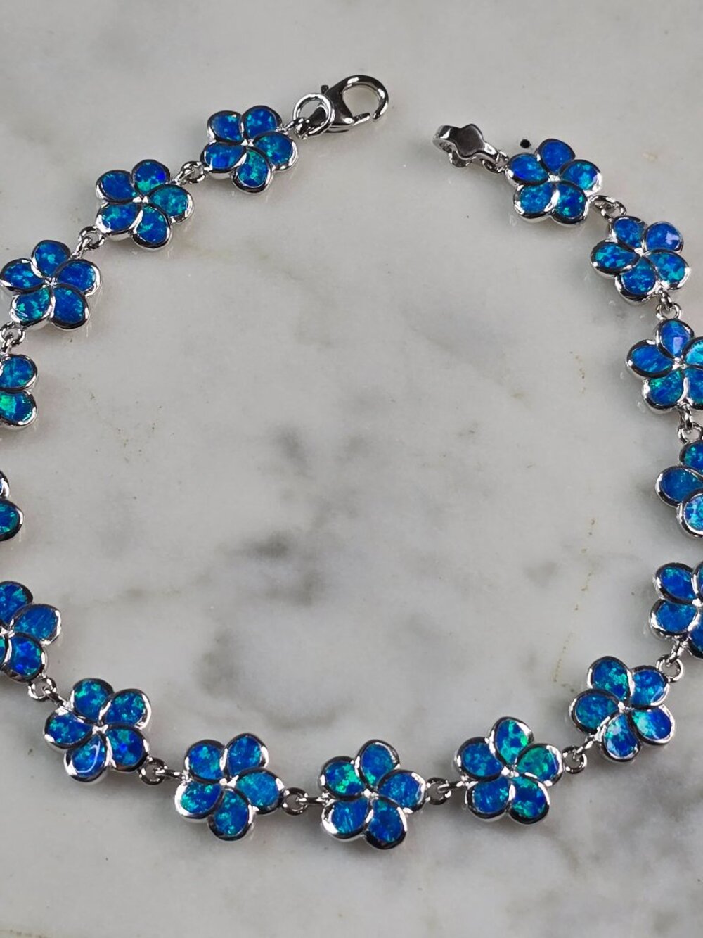 Womens Sterling Silver Blue Opal Floral Bracelet 9.6g E4185